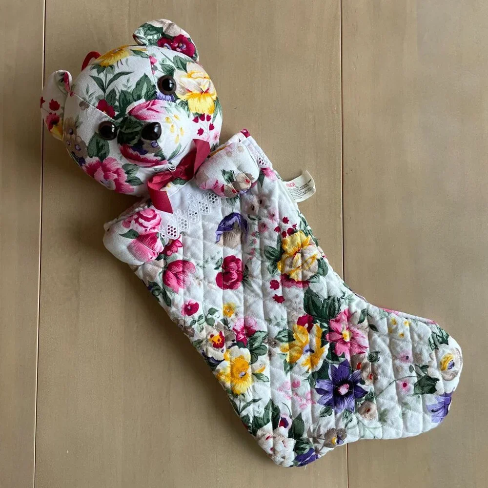 VINTAGE RARE Milaca Mills Floral Quilted‎ Teddy Bear Christmas Stocking